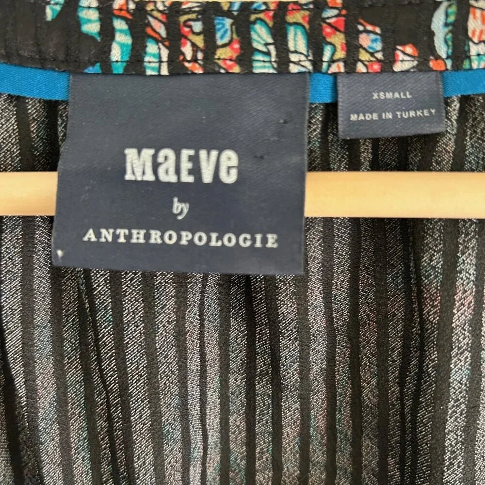 Maeve Anthropologie Top Boho Peasant Blouse Black Abstract SZXS Casual Relaxed